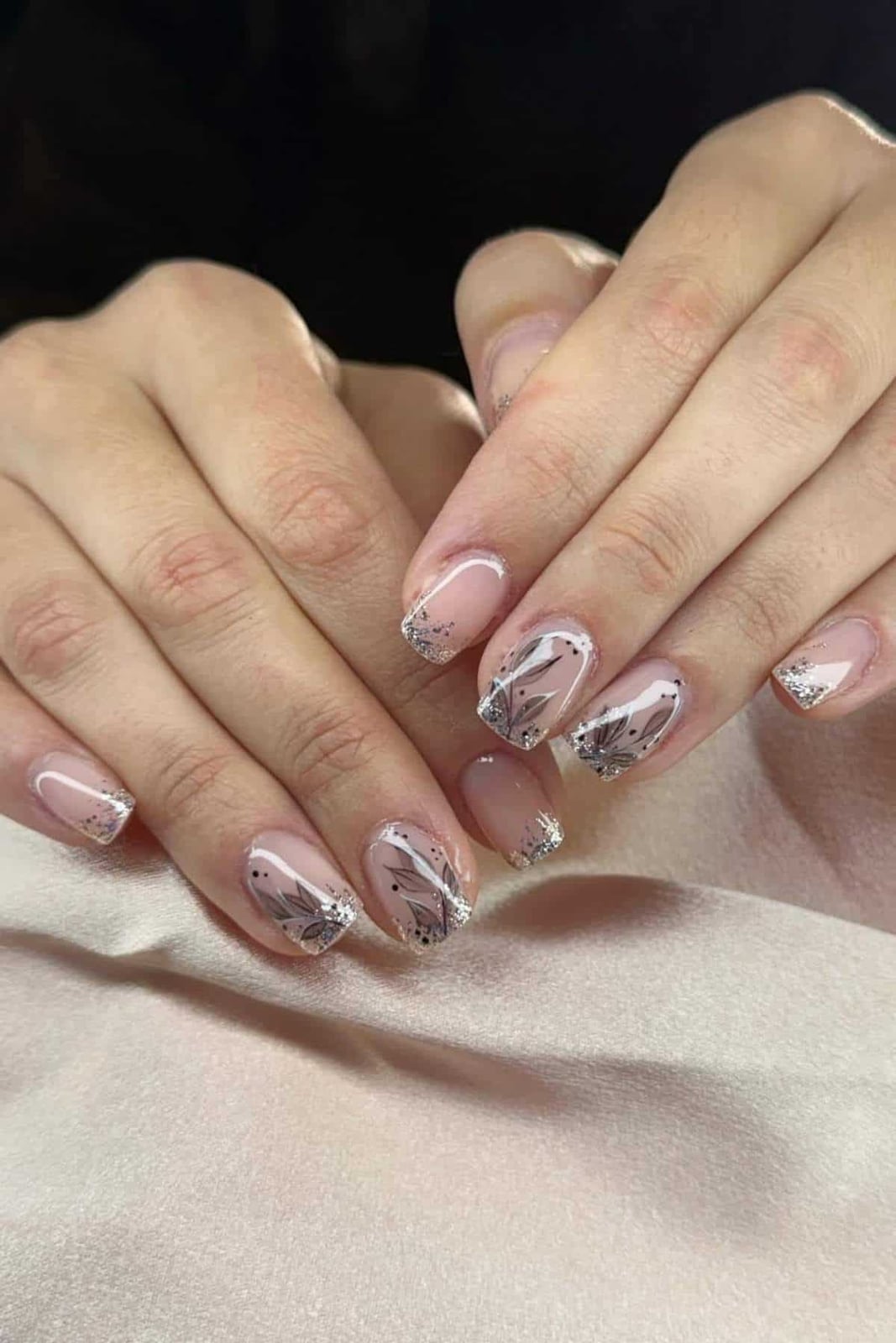 Short Square Nails With Glitter French Tips And Black Lines — Classy Abstract Nails