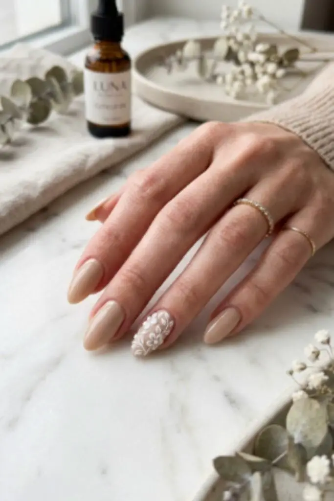 Short Nude White 3D Floral Appliqué Almond Nails Short Nude White 3D Floral Appliqué Almond Nails — Classy Acrylic Nails Almond