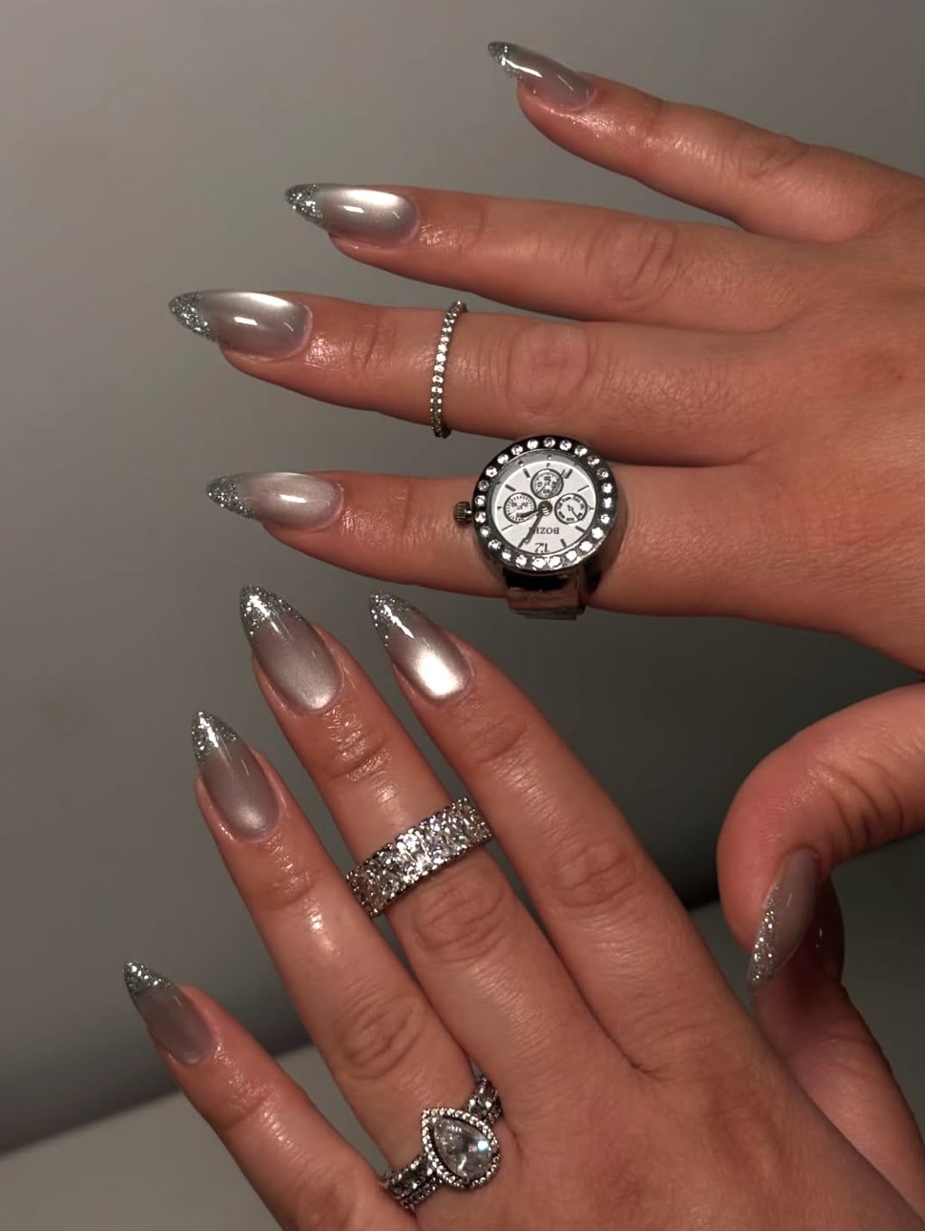 Long Taupe Pink Cat Eye Glitter Tip Almond Nails Long Taupe Pink Cat Eye Glitter Tip Almond Nails — Classy Acrylic Nails Almond