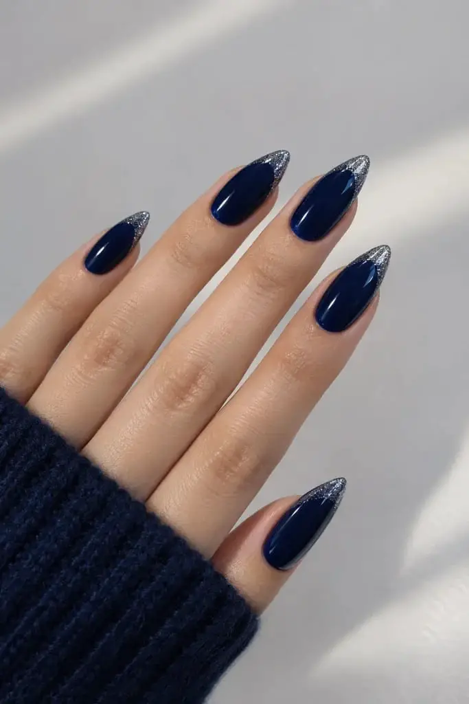 Medium Dark Navy Silver Glitter Tip Almond Nails Medium Dark Navy Silver Glitter Tip Almond Nails — Classy Acrylic Nails Almond