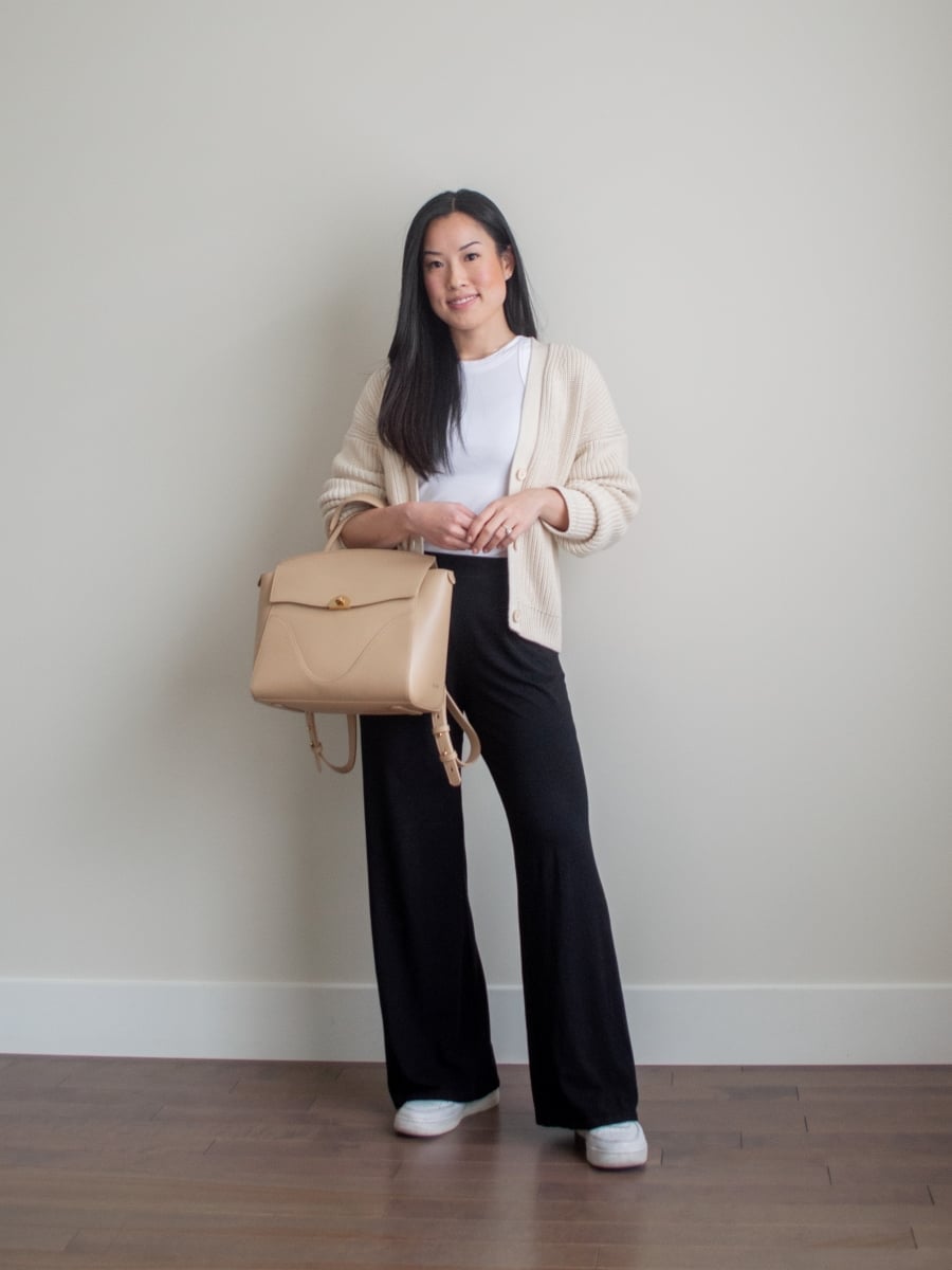 Cream Knit Cardigan Neutral Trousers and Sneakers Cream Knit Cardigan Neutral Trousers and Sneakers — Classy Air Force 1 Outfits