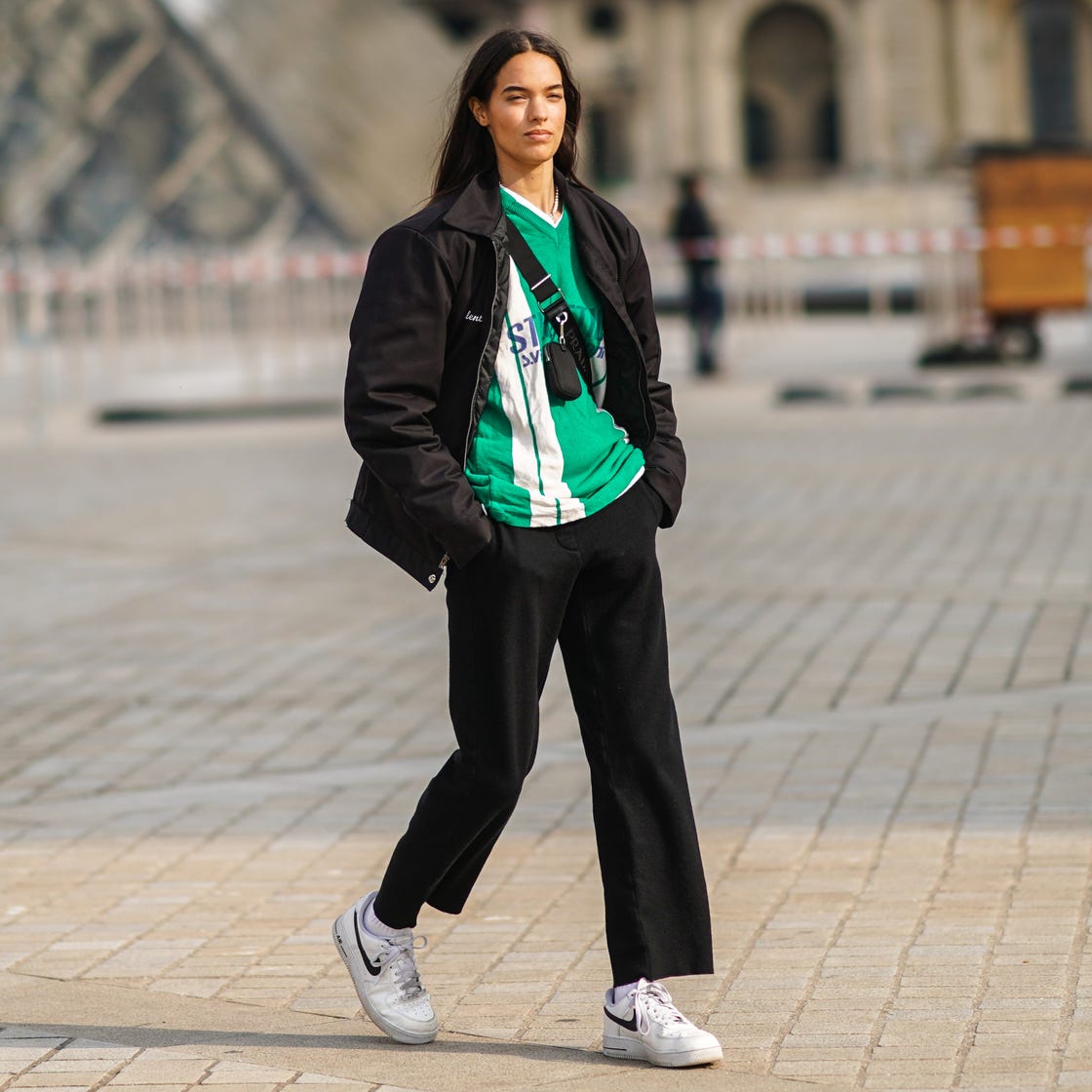 Black Jacket Striped Top and Wide-Leg Trousers Black Jacket Striped Top and Wide-Leg Trousers — Classy Air Force 1 Outfits
