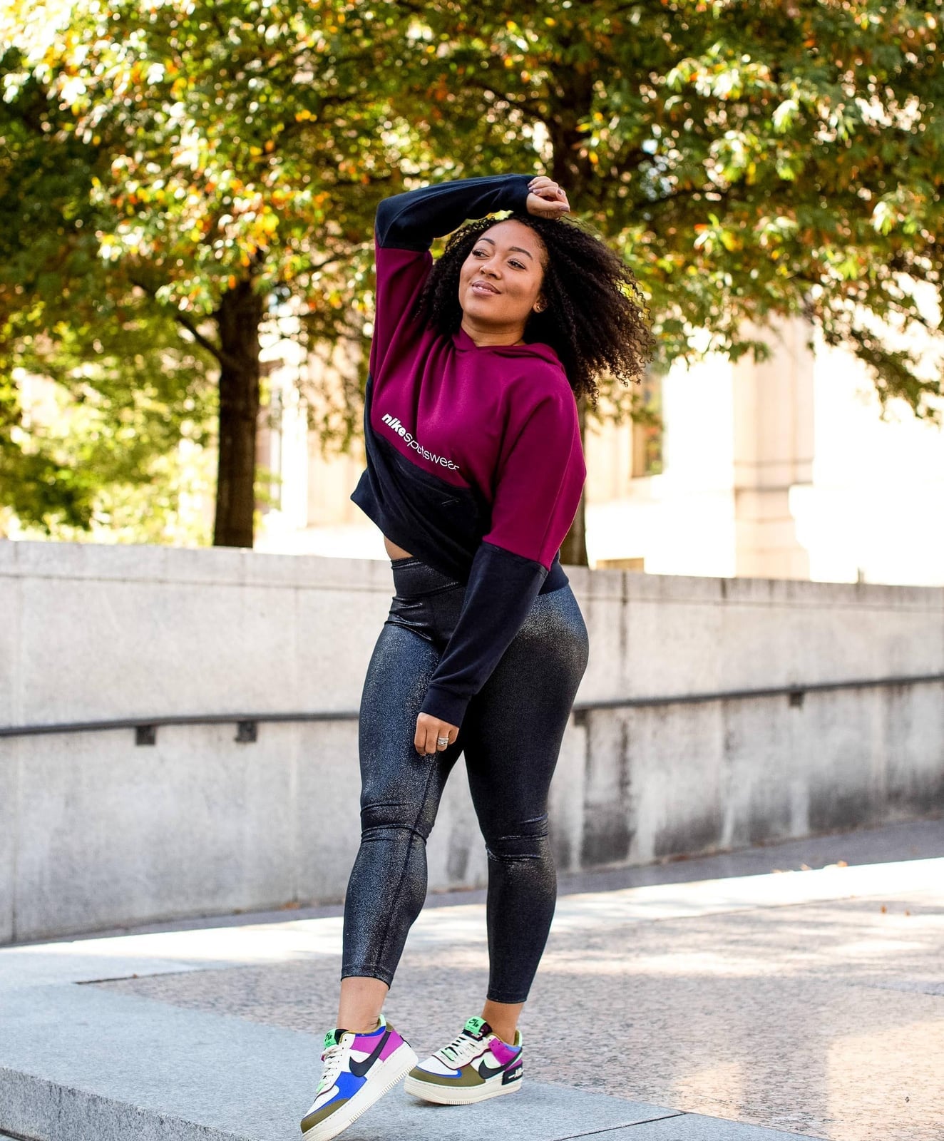 Colorblock Hoodie Shiny Leggings and Colorful Sneakers Colorblock Hoodie Shiny Leggings and Colorful Sneakers — Classy Air Force 1 Outfits