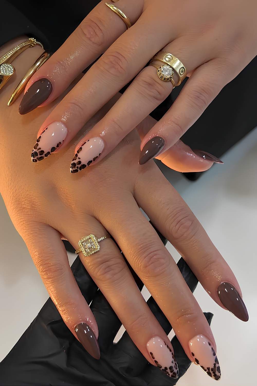 Brown Gold Tip Leopard Accent Almond Brown Gold Tip Leopard Accent Almond — Classy Animal Print Nails