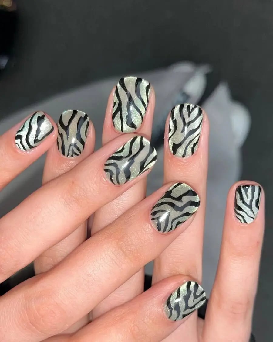 Shimmering Zebra Print Medium Oval Shimmering Zebra Print Medium Oval — Classy Animal Print Nails