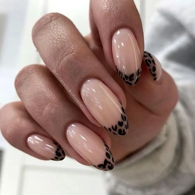 Oval Sheer Nude Leopard French Tips Oval Sheer Nude Leopard French Tips — Classy Animal Print Nails
