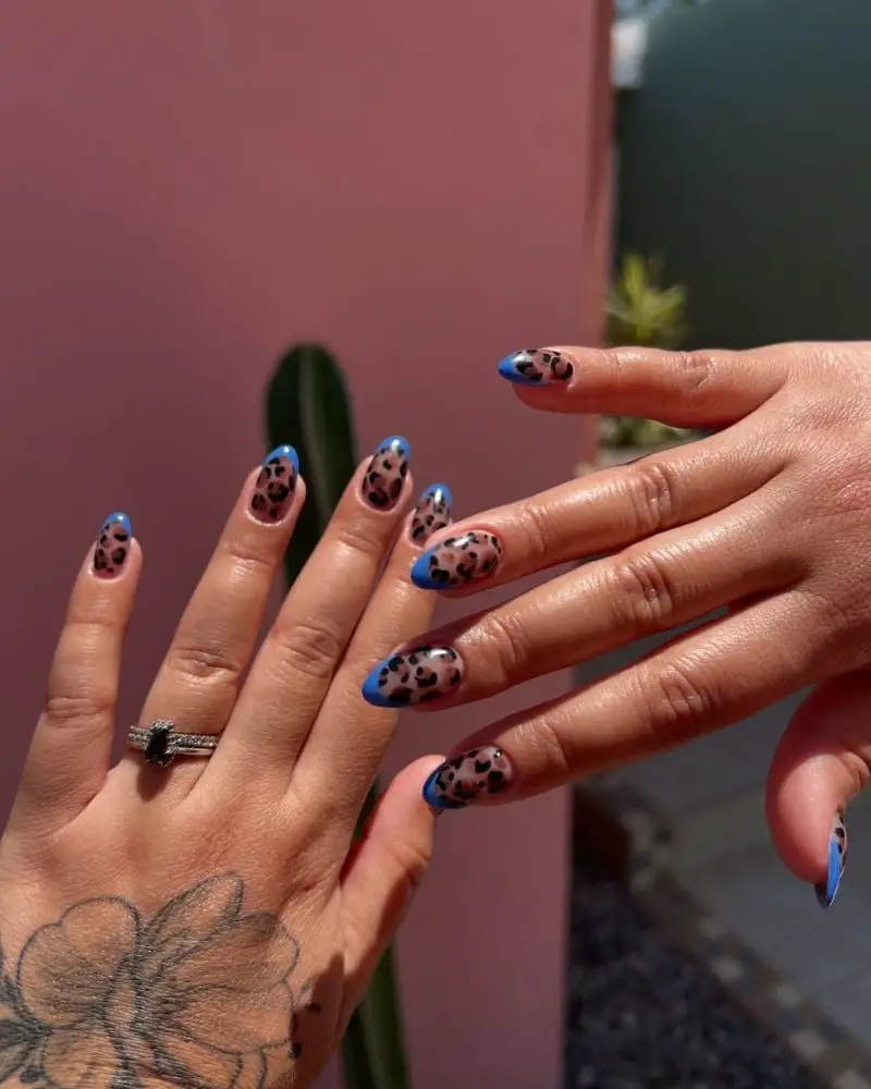 Blue Tip Leopard Accent Almond Nails Blue Tip Leopard Accent Almond Nails — Classy Animal Print Nails