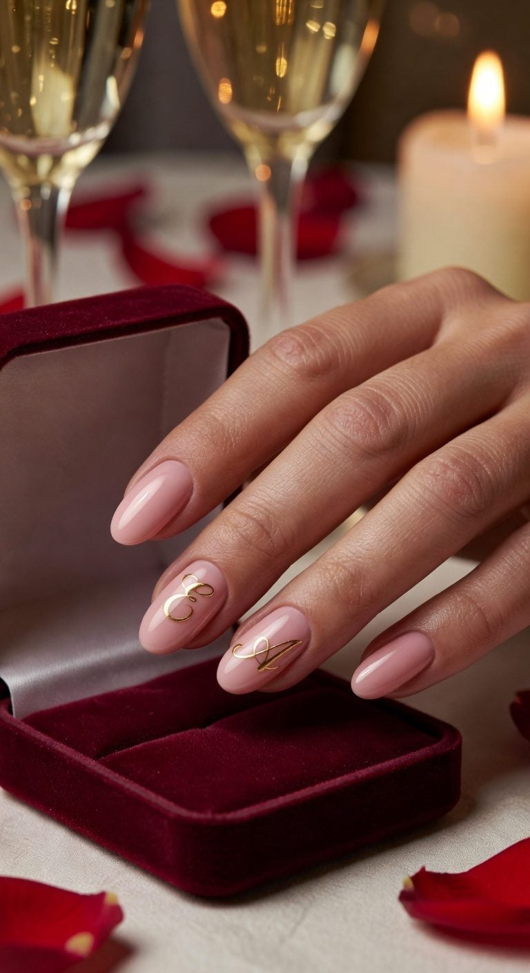 Soft Pink Oval Nails With Gold Monograms Soft Pink Oval Nails With Gold Monograms — Classy Anniversary Nails