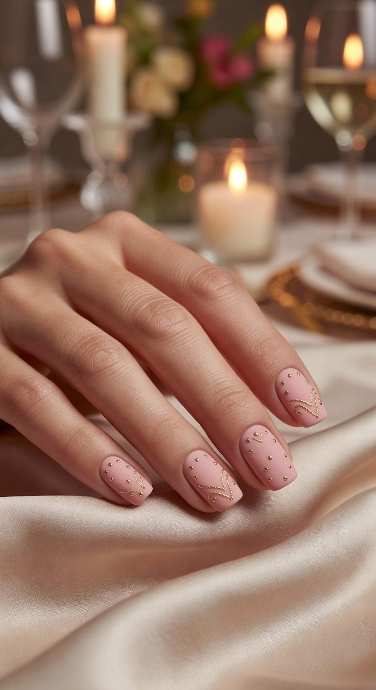 Dusty Rose Square Nails With Gold Art Dusty Rose Square Nails With Gold Art — Classy Anniversary Nails