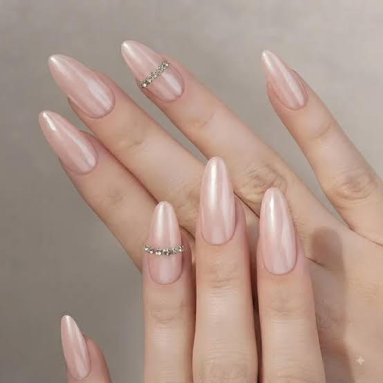 Pearlescent Pink Almond Nails With Rhinestones Pearlescent Pink Almond Nails With Rhinestones — Classy Anniversary Nails