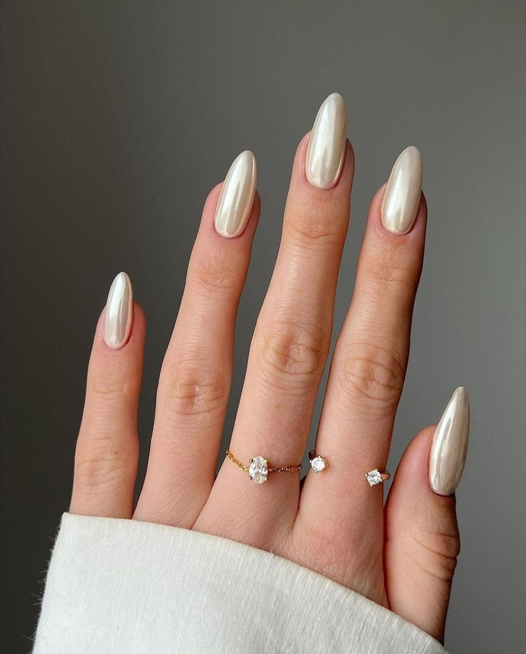 Long Almond Milky White Pearlescent Polish Long Almond Milky White Pearlescent Polish — Classy Anniversary Nails