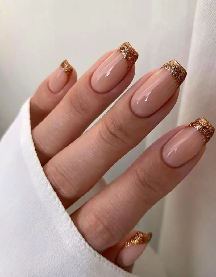 Short Square Gold Glitter French Tips Short Square Gold Glitter French Tips — Classy Anniversary Nails