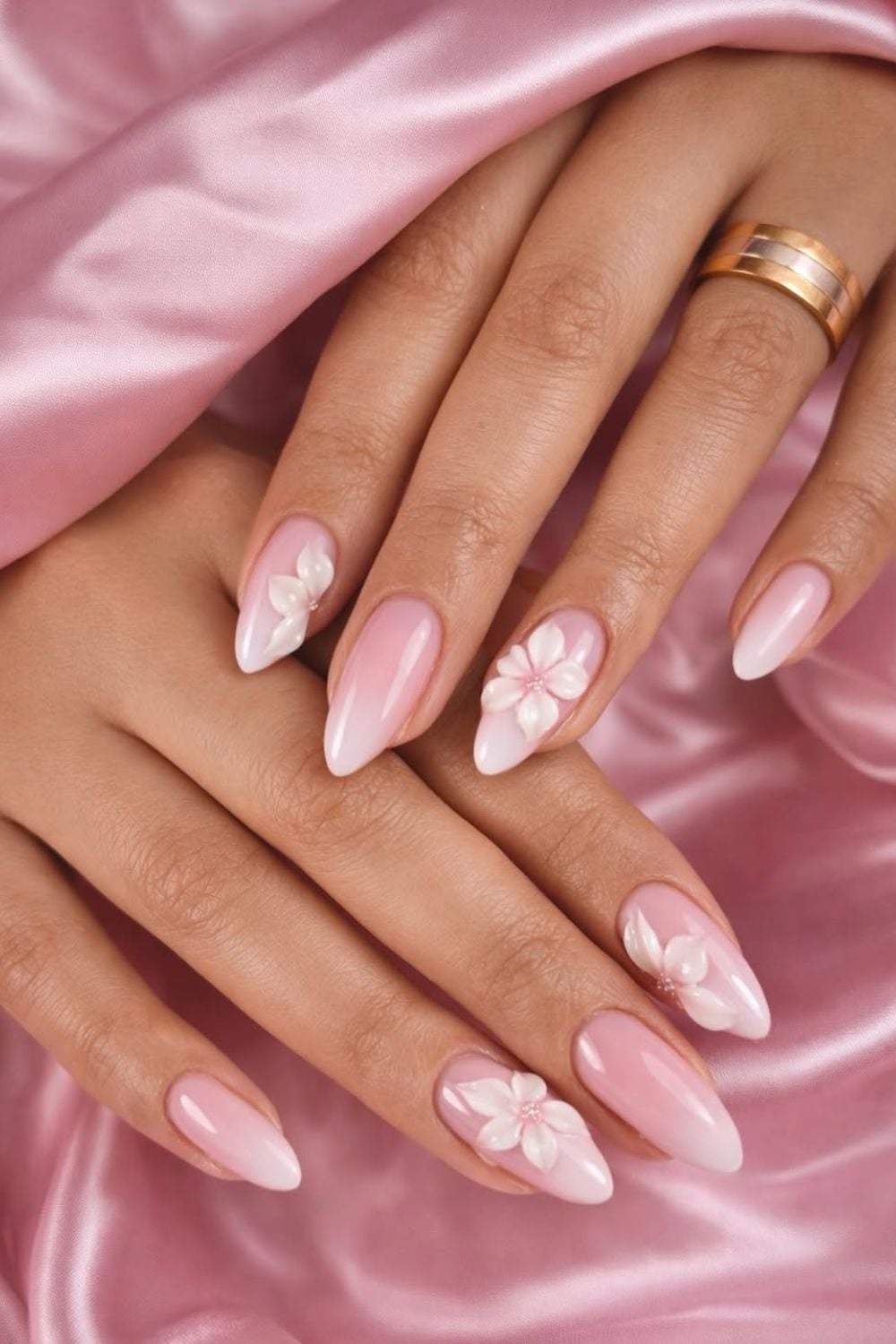 Pink Gradient Almond Nails With 3D Flowers Pink Gradient Almond Nails With 3D Flowers — Classy Anniversary Nails