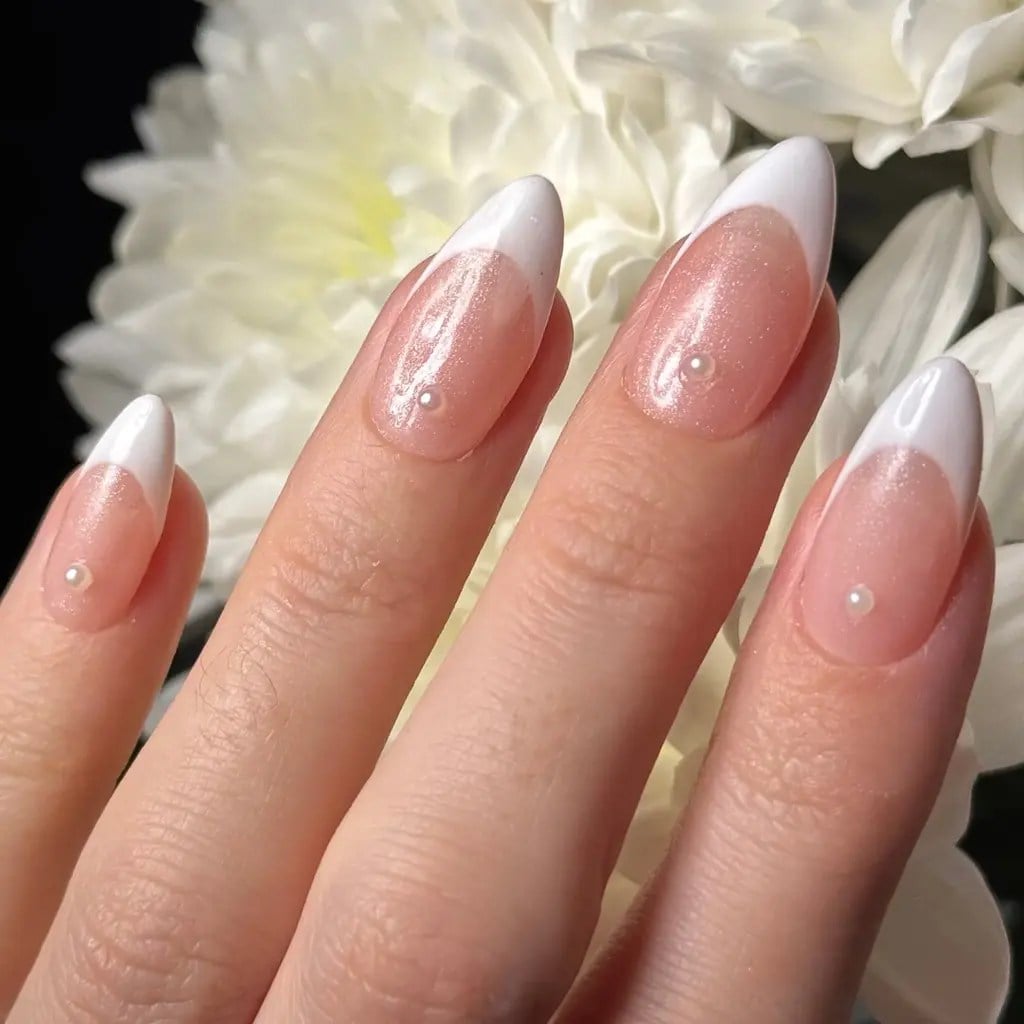 Sheer Pink Almond French With Pearls Sheer Pink Almond French With Pearls — Classy Anniversary Nails