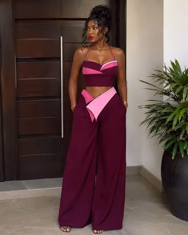 Color-blocked Halter Top with Wide-Leg Pants — Classy Baddie Outfits