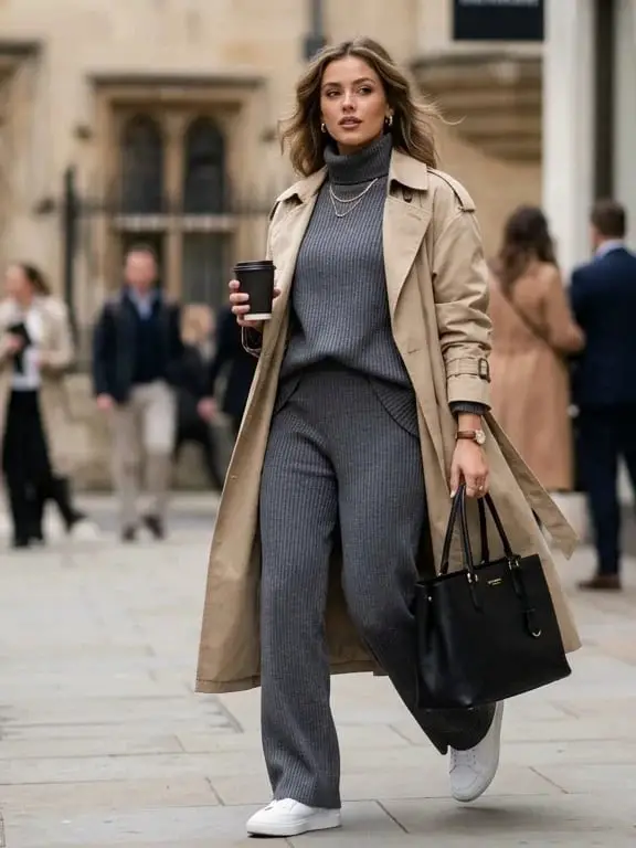 Chic Beige Trench Coat Over Knit Set — Classy Baddie Outfits