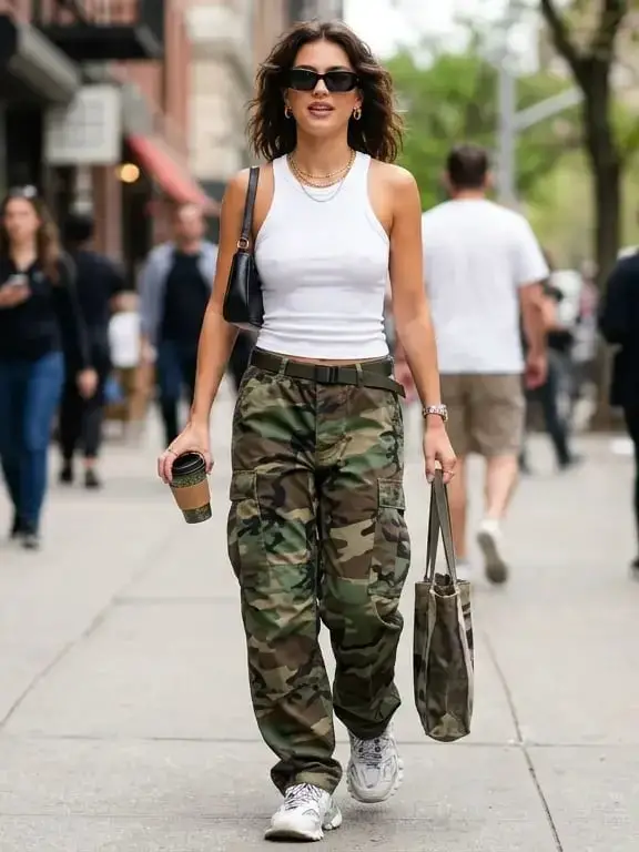 Camouflage Cargo Pants and White Tank Top — Classy Baddie Outfits