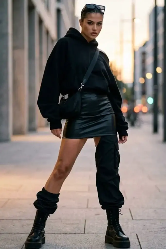 Oversized Hoodie and Leather Mini Skirt Streetwear — Classy Baddie Outfits