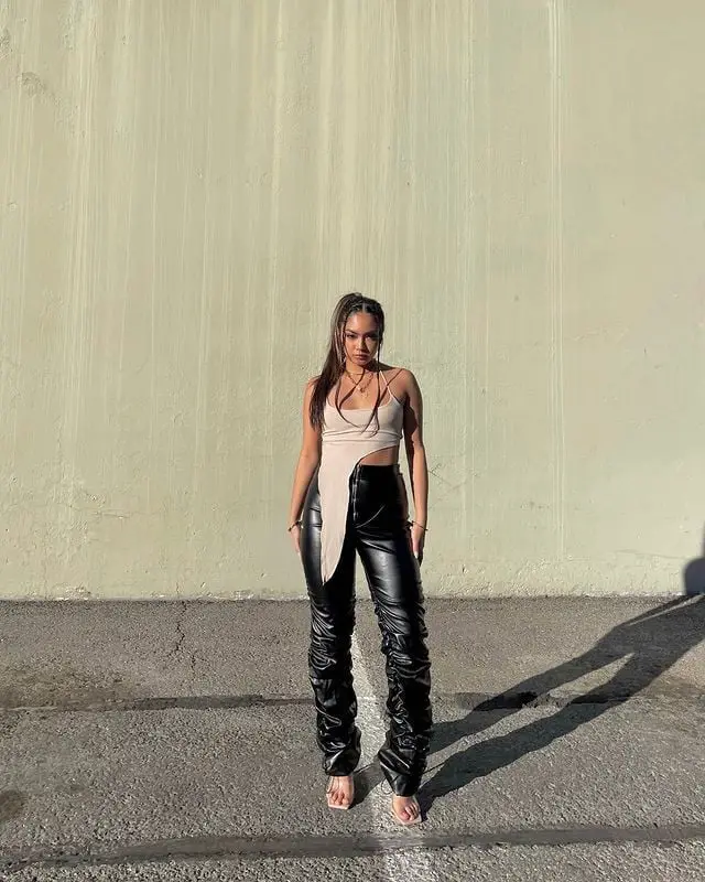 Asymmetrical Top with Ruched Leather Pants — Classy Baddie Outfits