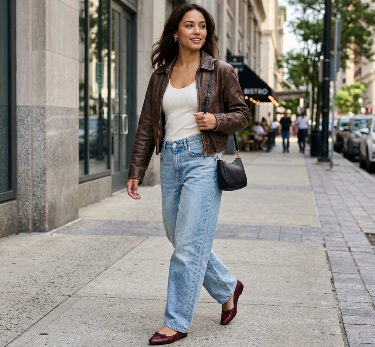Oversized Jeans With Brown Leather Jacket and Burgundy Loafers Oversized Jeans With Brown Leather Jacket and Burgundy Loafers — Classy Baggy Outfits