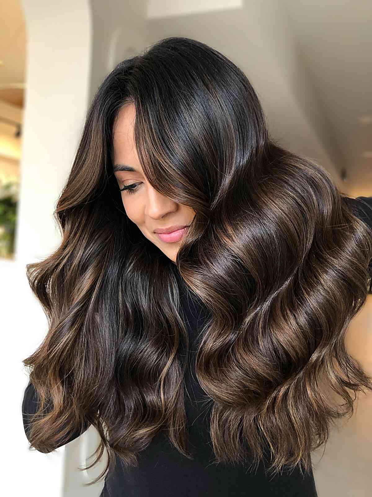 Mid-Back Chocolate Brown With Caramel Balayage Mid-Back Chocolate Brown With Caramel Balayage — Classy Balayage Hair