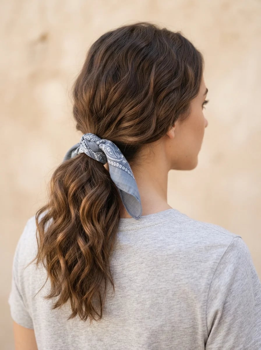 Mid-Back Brown Ponytail With Light Blue Bandana Tie Mid-Back Brown Ponytail With Light Blue Bandana Tie — Classy Bandana Hair