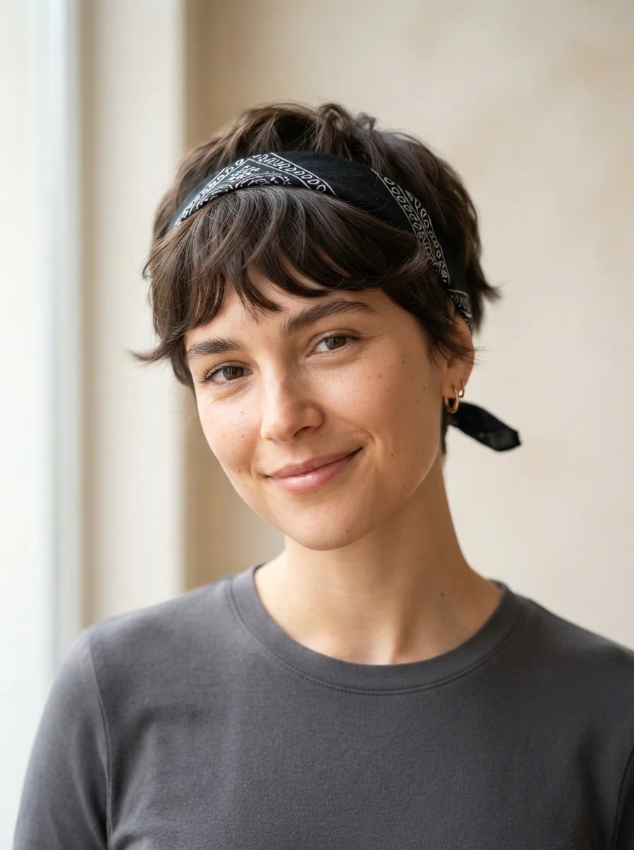 Short Dark Brown Pixie Cut With Short Bangs and Black Bandana Short Dark Brown Pixie Cut With Short Bangs and Black Bandana — Classy Bandana Hair