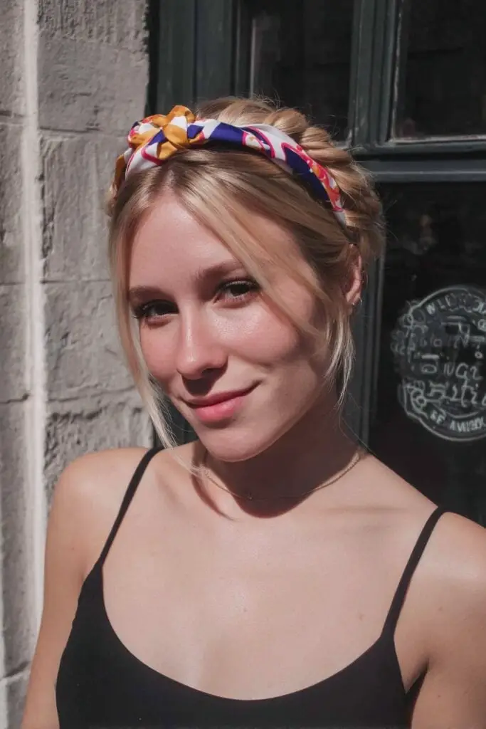 Ash Blonde Braided Updo With Colorful Bandana Headband Ash Blonde Braided Updo With Colorful Bandana Headband — Classy Bandana Hair