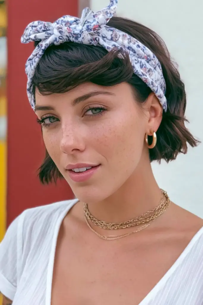 Short Dark Brown Bob With Short Bangs and Floral Bandana Short Dark Brown Bob With Short Bangs and Floral Bandana — Classy Bandana Hair