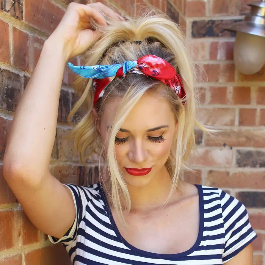 Blonde Bob Ponytail With Wispy Bangs and Red Bandana Blonde Bob Ponytail With Wispy Bangs and Red Bandana — Classy Bandana Hair