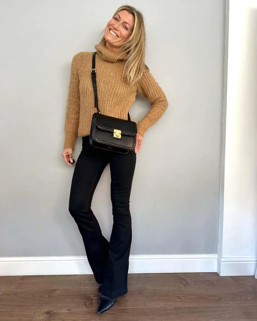 Black Flare Jeans with Tan Turtleneck Sweater — Classy Black Jeans Outfits