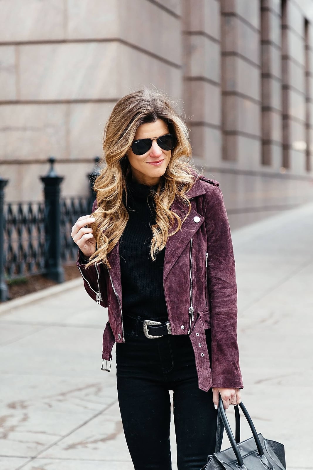 Black Skinny Jeans with Plum Moto Jacket — Classy Black Jeans Outfits
