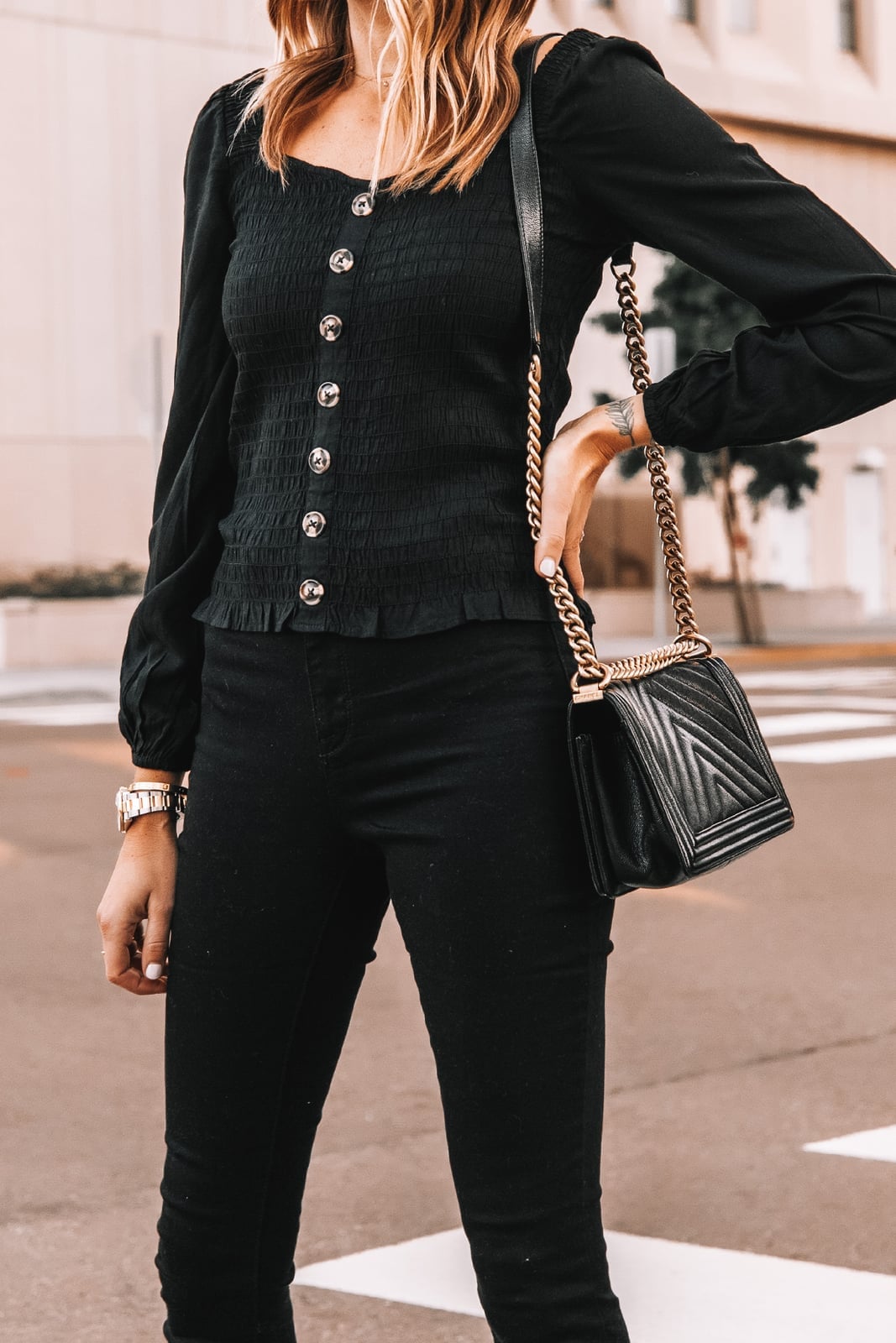 Fitted Skinny Black Jeans with Smocked Top — Classy Black Jeans Outfits