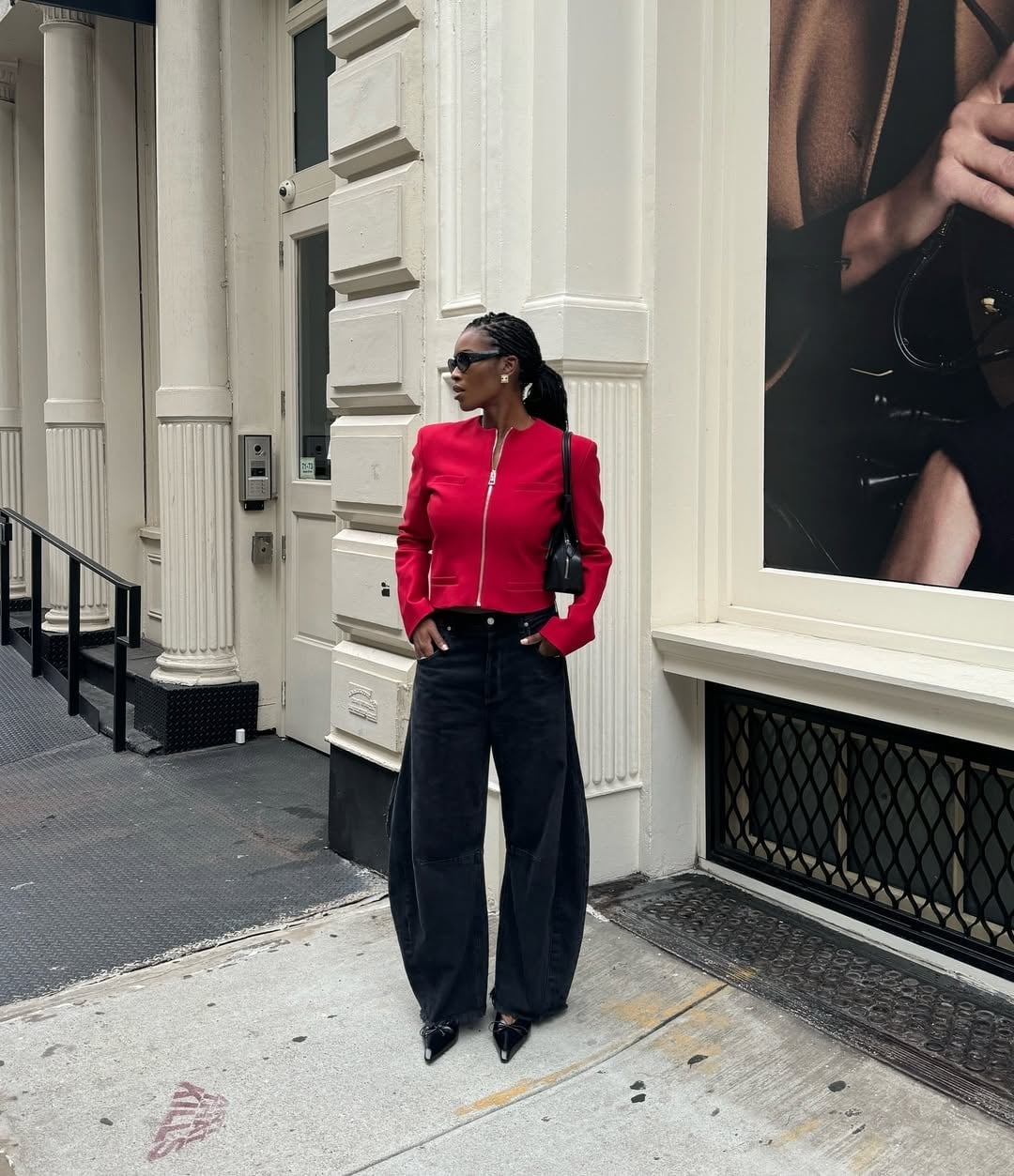 Balloon Leg Black Jeans with a Striking Red Jacket — Classy Black Jeans Outfits