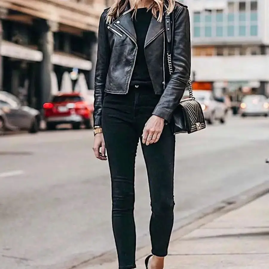 Black Skinny Jeans with Leather Biker Jacket — Classy Black Jeans Outfits