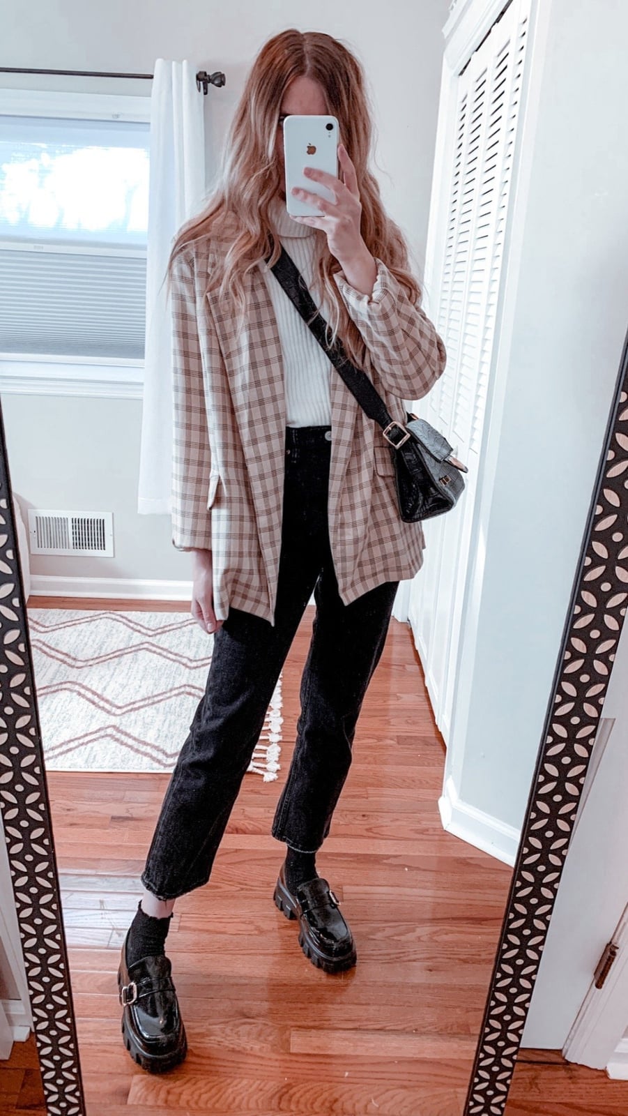 Black Straight Leg Jeans with Plaid Blazer and Cream Turtleneck — Classy Black Jeans Outfits