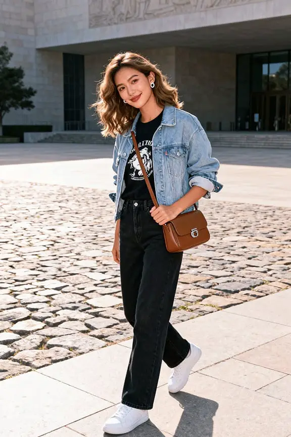 Black Straight Leg Jeans with Denim Jacket — Classy Black Jeans Outfits