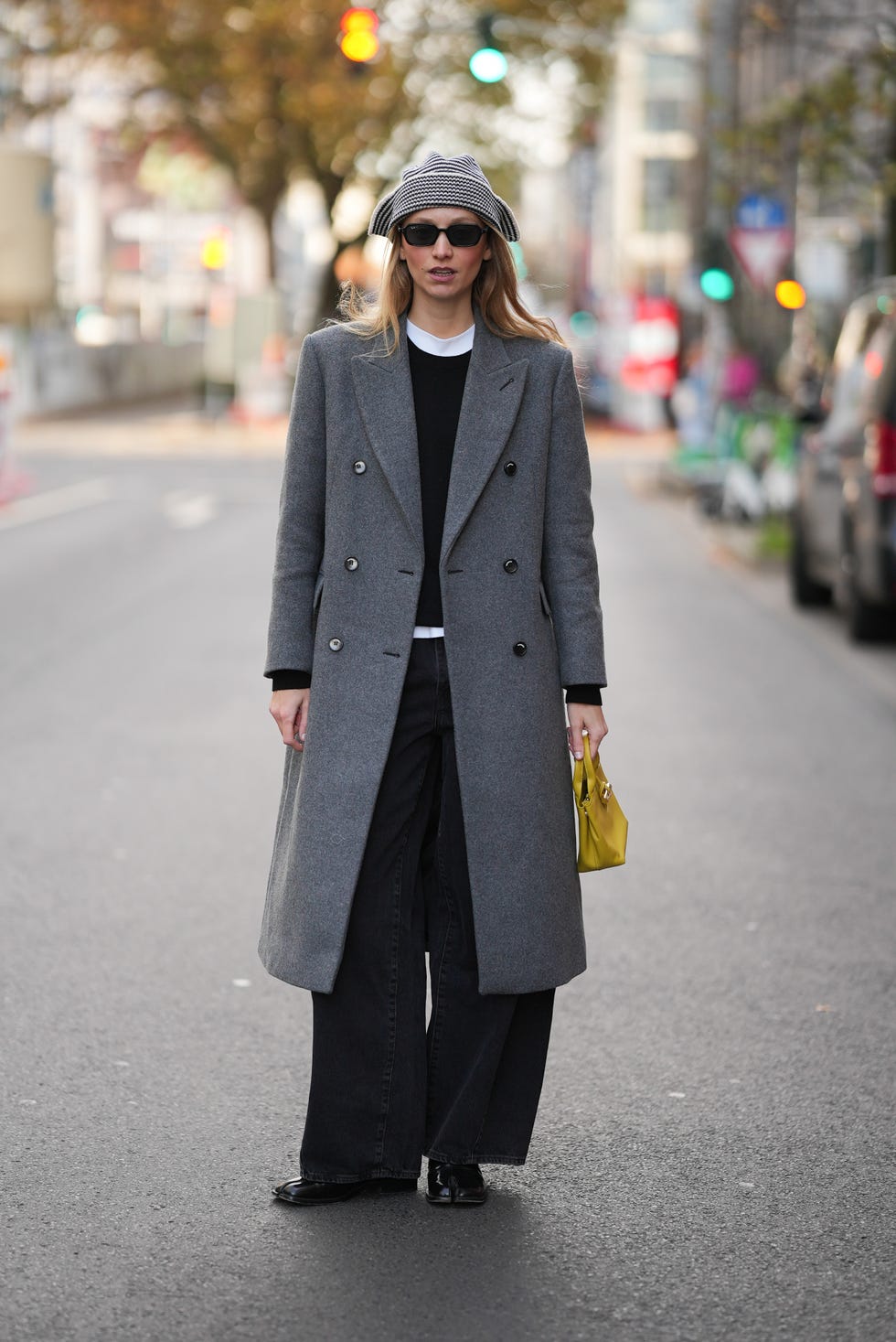 Wide Leg Black Jeans with a Gray Coat and Striped Beanie — Classy Black Jeans Outfits