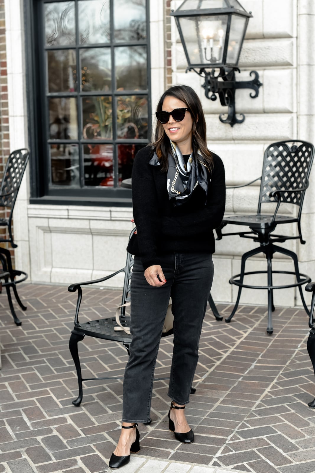 Straight Leg Black Jeans with a Patterned Scarf — Classy Black Jeans Outfits