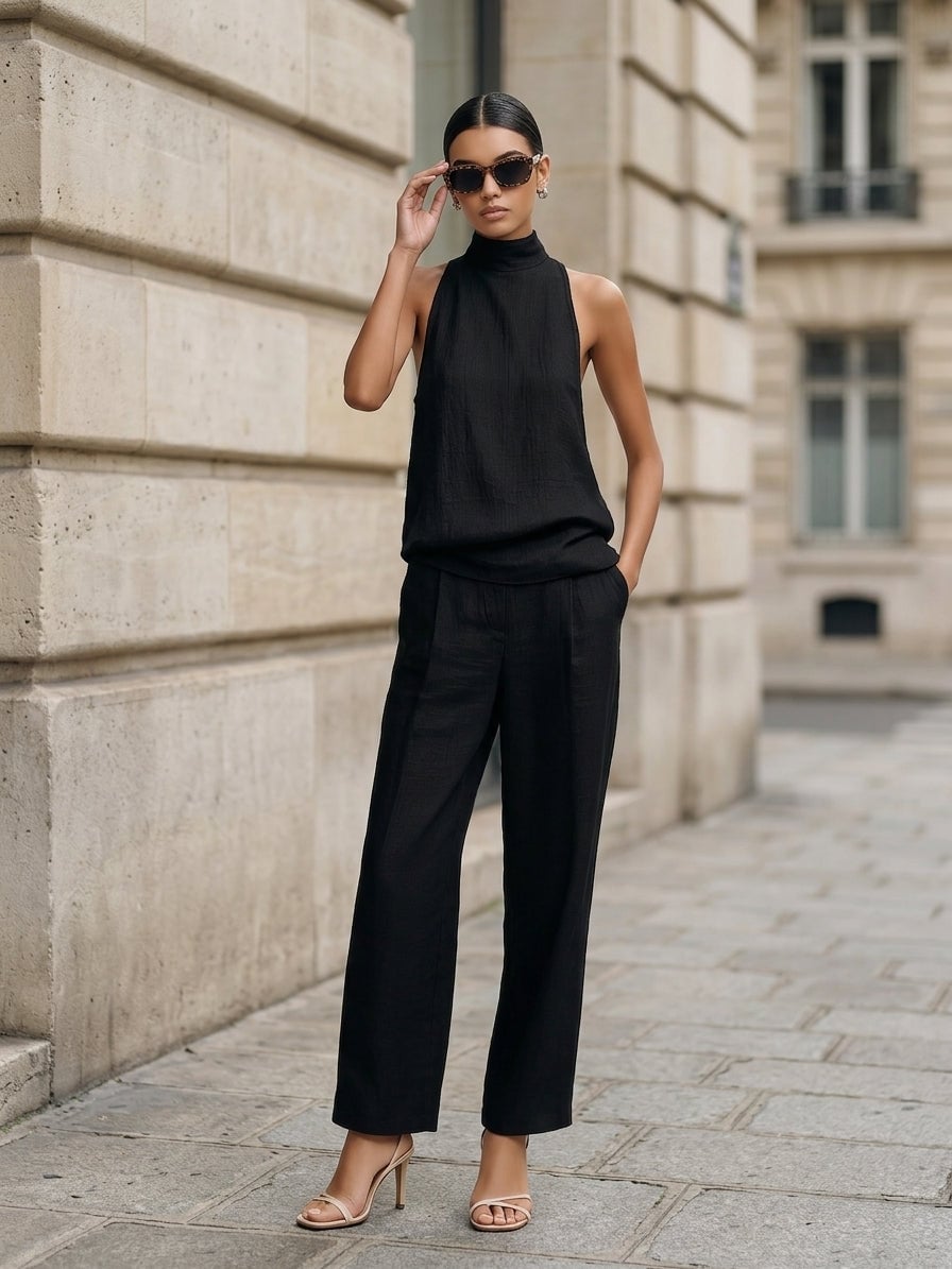 Chic Black Linen Set With Wide-Leg Pants Chic Black Linen Set With Wide-Leg Pants — Classy Black Linen Pants Outfit