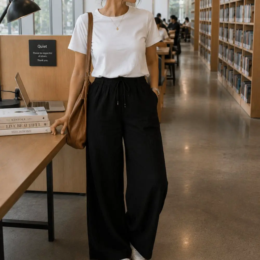 Casual Black Linen Pants With White T-Shirt and Sneakers Casual Black Linen Pants With White T-Shirt and Sneakers — Classy Black Linen Pants Outfit