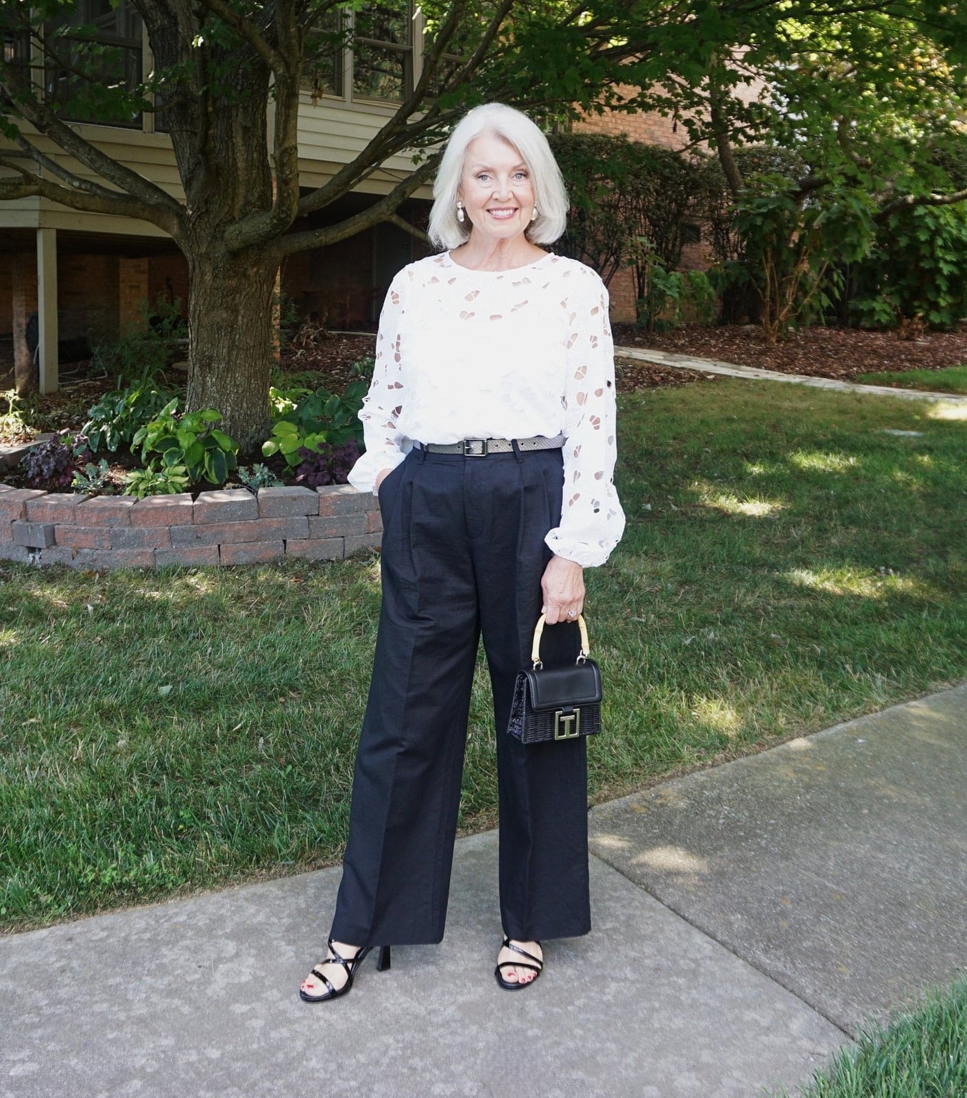 Elegant Black Linen Pants With White Eyelet Top Elegant Black Linen Pants With White Eyelet Top — Classy Black Linen Pants Outfit