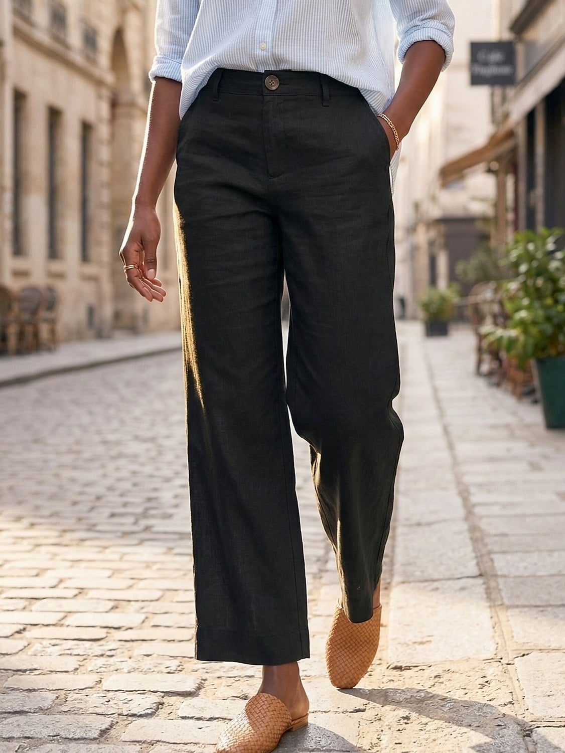 Wide-Leg Linen Pants With Light Blue Shirt Wide-Leg Linen Pants With Light Blue Shirt — Classy Black Linen Pants Outfit