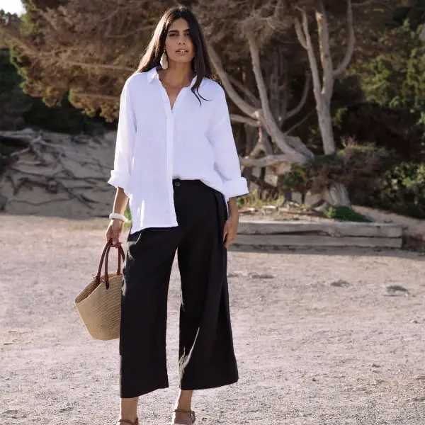 Cropped Black Linen Pants With White Shirt Cropped Black Linen Pants With White Shirt — Classy Black Linen Pants Outfit