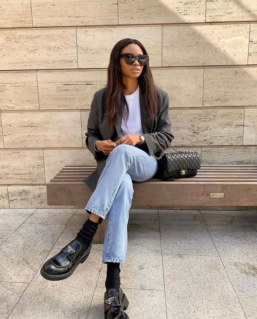 Chunky Black Loafers with Jeans and a Gray Blazer — Classy Black Loafers Outfit