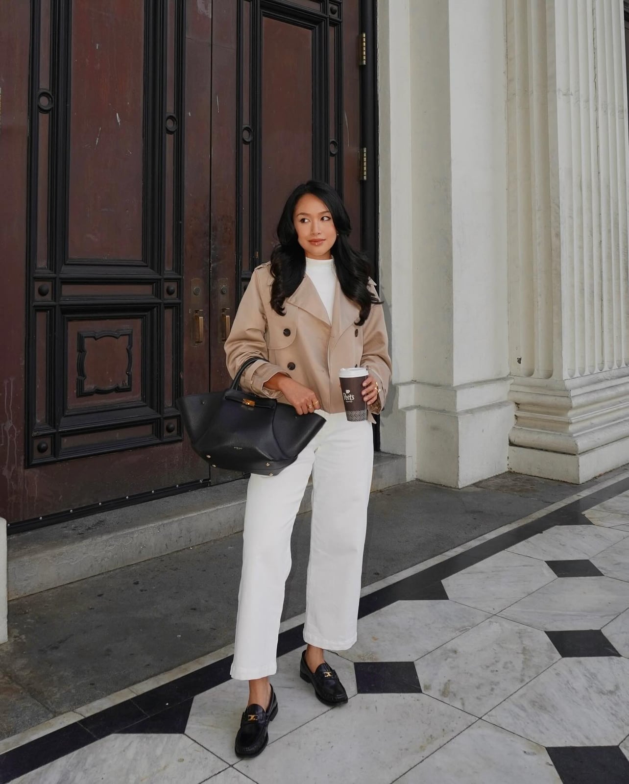 Black Loafers with Wide-Leg Trousers and a Trench Coat — Classy Black Loafers Outfit