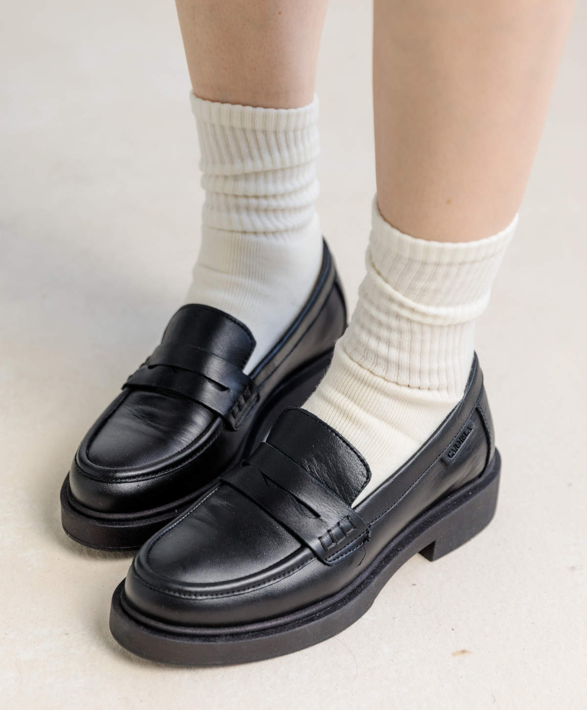 Black Chunky Sole Loafers with White Socks — Classy Black Loafers Outfit
