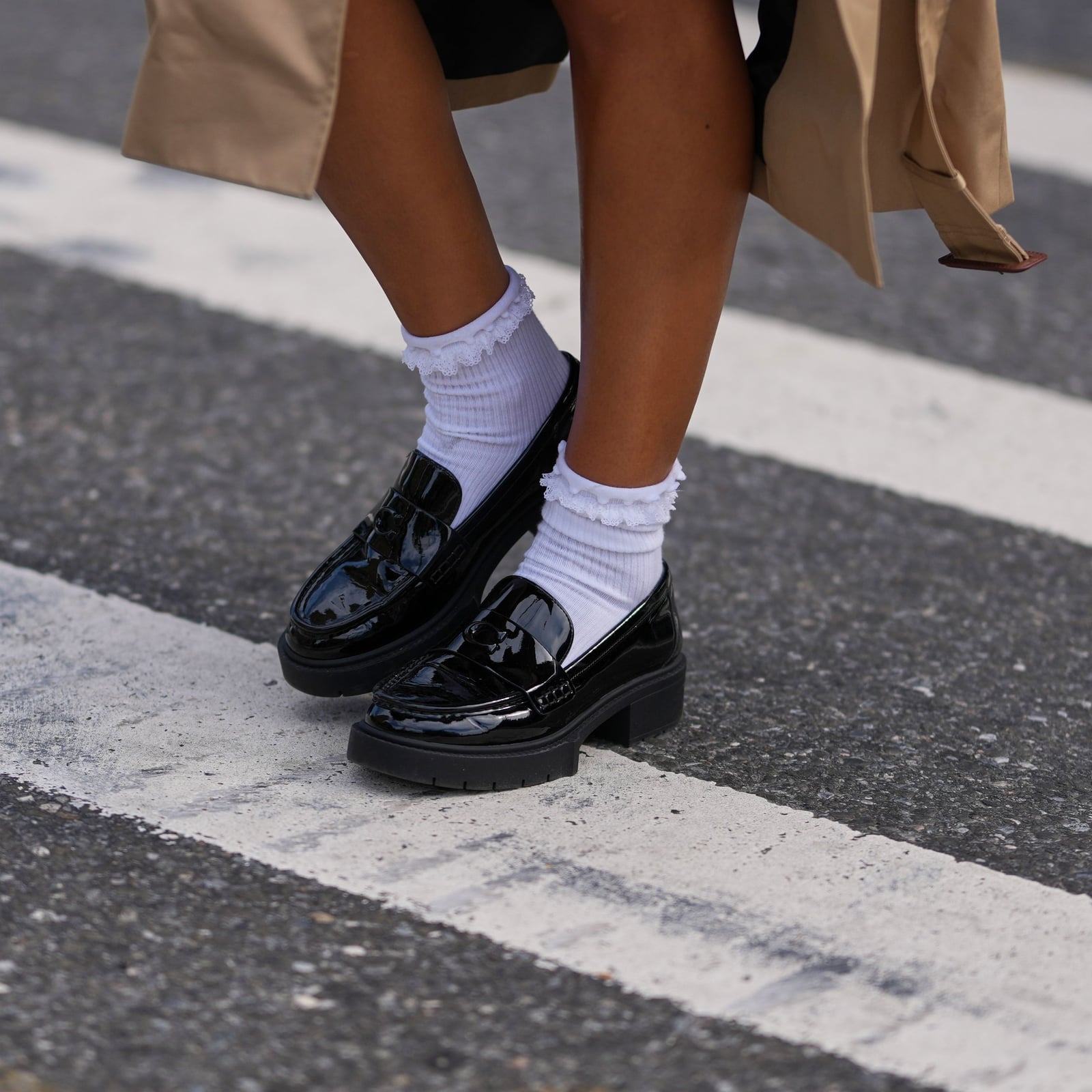 Black Chunky Platform Loafers with Lace Trim Socks — Classy Black Loafers Outfit