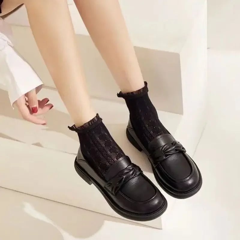 Black Leather Loafers with Sheer Ruffled Socks — Classy Black Loafers Outfit