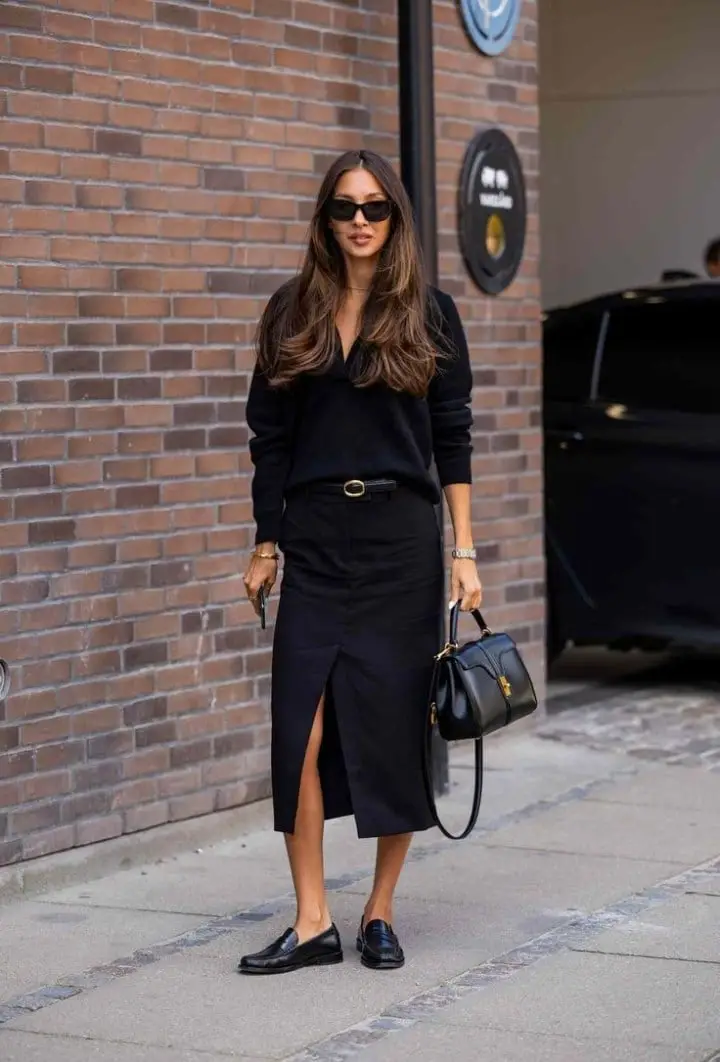 Black Loafers with a Midi Skirt and Sweater — Classy Black Loafers Outfit